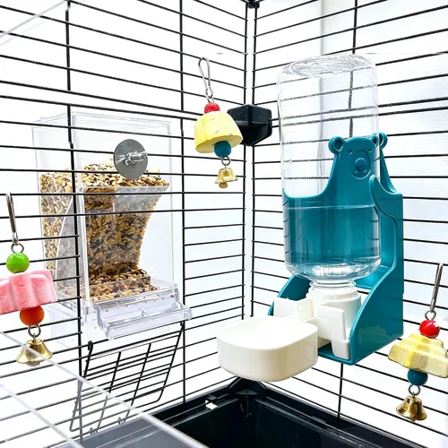 Vista 4 de Juego de alimentador de jaula para pájaros sin desorden y dispensador Azul+Transparente