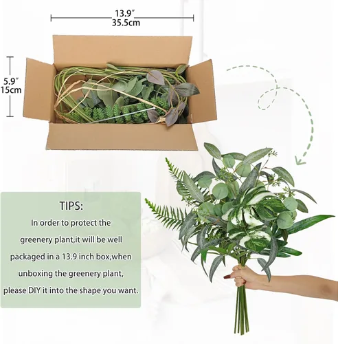 Vista 7 de Juego de cajas de tallos de vegetación artificial, 5 tipos de hojas de eucalipto mixtas de hojas de eucalipto plateadas, helechos de monstera Tipo 1
