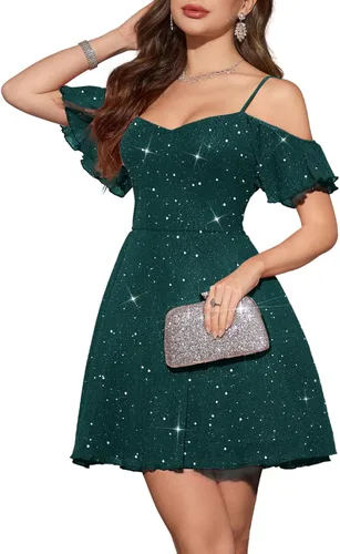 Vista 11 de Meetjen Vestido de cóctel formal brillante acampanado para mujer, vestido Azul marino