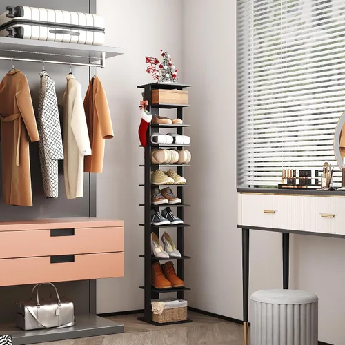 Vista 7 de HOMEFORT Zapatero vertical de 10 niveles, torre de zapatos de esquina, organizador de zapatos delgado con dos ganchos para colgar, soporte
