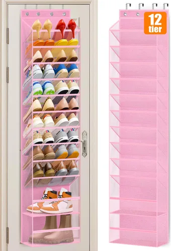 Vista 8 de MISSLO Organizador de zapatos de 12 niveles para colgar sobre la puerta, de malla transpirable, estante colgante para zapatos para almacenamiento