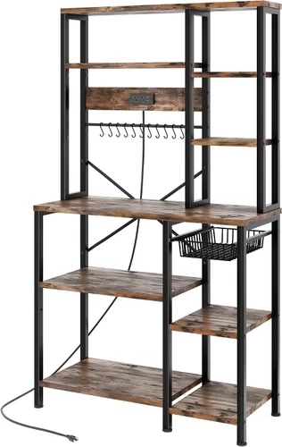 Vista 9 de GRUSIGN Estante para hornear de cocina con almacenamiento, estación de barra de café de 6 niveles con toma de corriente, soporte para microondas