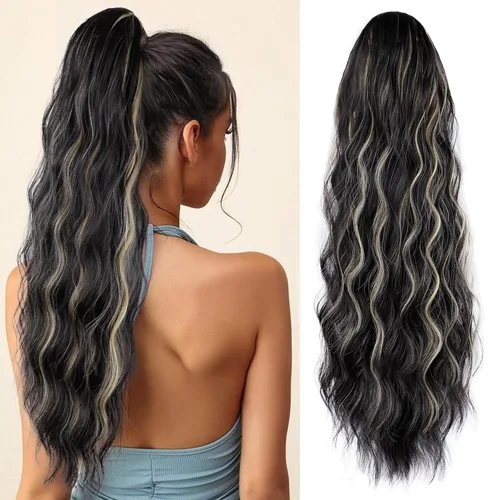 Vista 16 de FREEMEIGE Extensión de Cola de Caballo de 22 Pulgadas Negro Mezclado con Burdeos Larga Ondulada con Cordón Extensión de Cola de Caballo para Mujeres