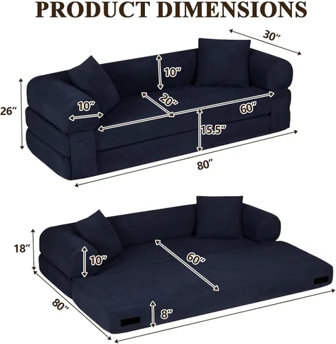 Vista 2 de Anwick Sofá cama convertible sin hueso de 80 pulgadas, sofá cama 3 en 1, tamaño Queen para sala de estar, estudio, apartamento, pana, espuma