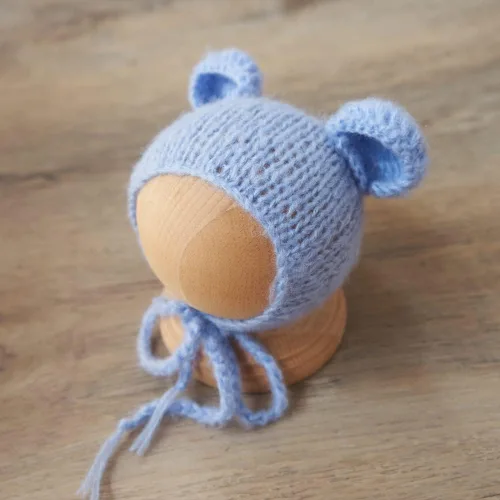 Vista 8 de Zeroest Conjunto de punto de ganchillo para sesión de fotos para niño recién nacido, gorro de oso con pies, mameluco con pies, para fotografía