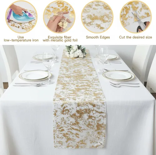Vista 3 de PapaKit Camino de mesa fino dorado metálico brillante de 11 x 84 pulgadas, paquete de 2 para vacaciones, bodas, fiestas y decoración diaria