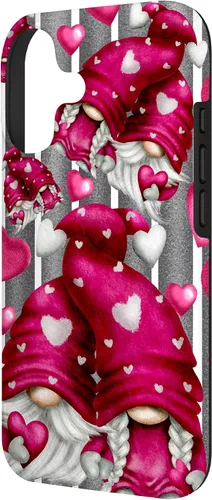 Vista 2 de Pink Heart Pattern On Grey Striped Decor Valentine Gnome Case for iPhone 17