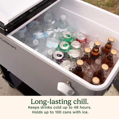 Vista 3 de Cuisinart Carro enfriador de 80 cuartos de galón, enfriador portátil de bebidas al aire libre con estante de almacenamiento, abridor de botellas