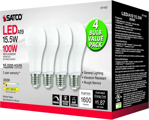 Vista 4 de Satco 15.5w 120v A19 LED E26 base mediana 1600 lúmenes 3000k (4 bombillas LED)