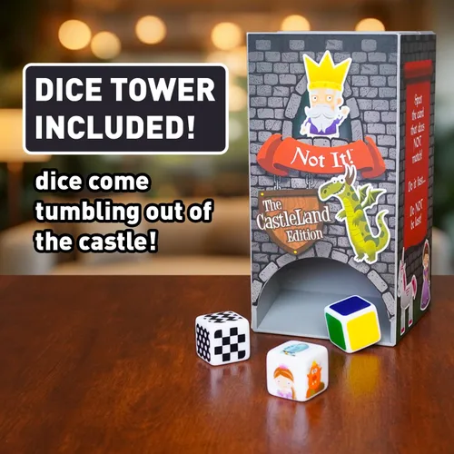 Vista 7 de Not It! Castle Land - Juego de dados y cartas de ritmo rápido para niños y familias Juego de emparejamiento con temática de caballeros, dragones