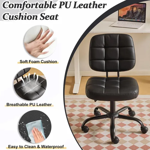 Vista 4 de VINGLI Silla de escritorio compacta y pequeña, linda silla sin brazos con ruedas, silla de tocador con respaldo bajo, silla de tarea ajustable