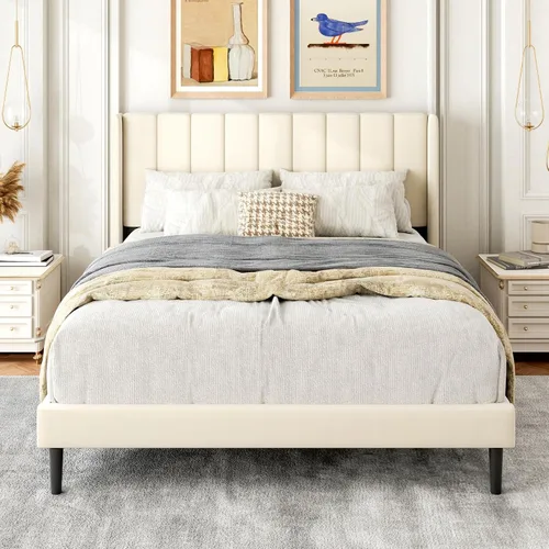 Vista 9 de Gruwans Base de cama de tamaño individual con cabecera tapizada con respaldo de ala, plataforma de fácil montaje, soporte de listones de madera,