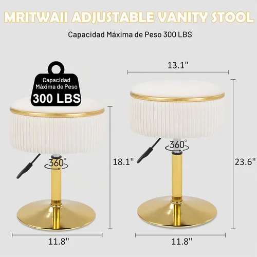 Vista 2 de Taburete de tocador ajustable con almacenamiento, silla taburete de maquillaje giratorio de 360°, otomana redonda pequeña de terciopelo con base