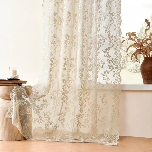Vista 12 de Cortinas de encaje floral victoriano transparentes - 45 pulgadas de largo, 2 paneles, bolsillo para barra de cocina estilo cafetería, filtro de luz