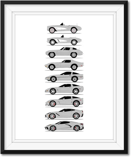 Vista 7 de Idea Network Póster hecho a mano compatible con Chevy Corvette Generations (perfil lateral) impresión de Chevrolet (C1 C2 C3 C4 C5 C6 C7 C8) – Rojo