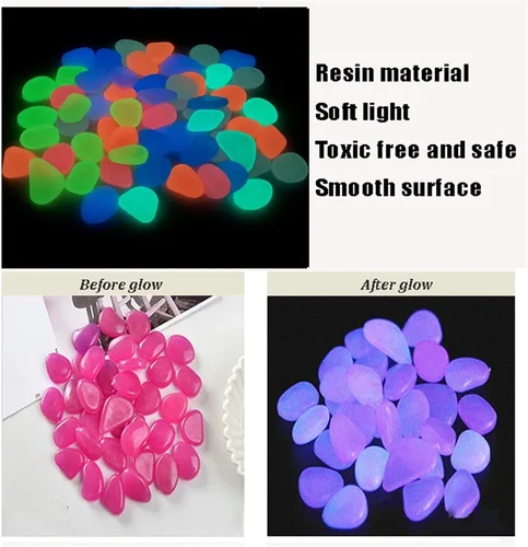 Vista 5 de Piedras brillantes moradas que brillan en la oscuridad, piedras luminosas para plantas de decoración de aceras, guijarros de plástico brillantes