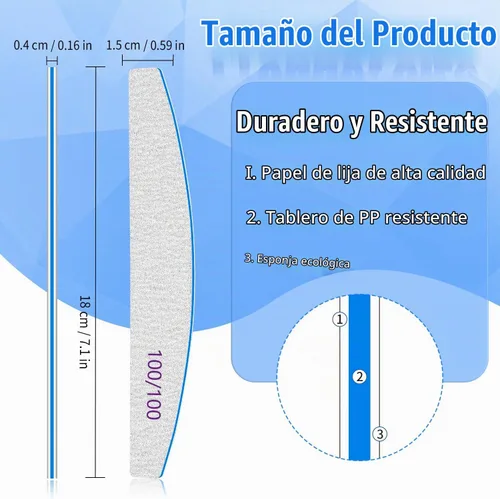 Vista 2 de BLESWIN Lima de uñas de grano 100/100, 25 piezas profesional de doble cara, herramienta gruesa reutilizable y lavable para uñas acrílicas y de gel