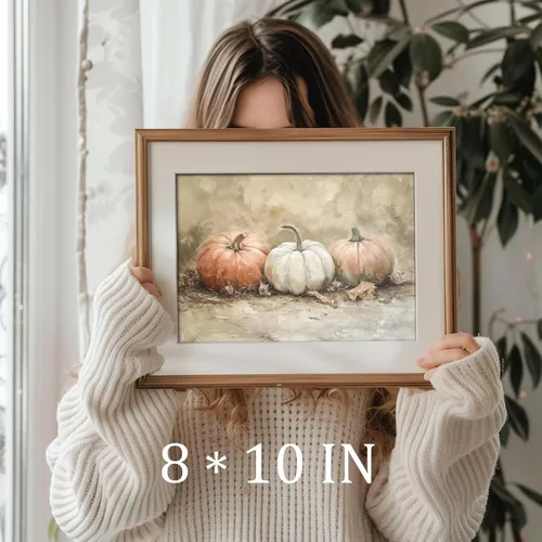 Vista 3 de uniro Arte de Pared de Pintura Rústica de Calabaza de Otoño, Pintura de Naturaleza Muerta de Calabaza, Arte Rústico de Otoño, Impresión de Pared