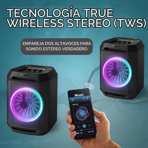 Vista 5 de PHILIPS - Altavoz Bluetooth para fiestas, refuerzo dinámico de graves, Bluetooth y entrada auxiliar, entrada de micrófono, emparejamiento