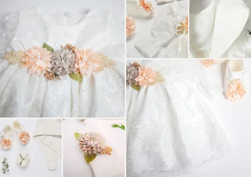 Vista 5 de Vestido de niña recién nacida, bautizo, vestido blanco bordado de encaje para bebé 0-3, vestido de niña de flores recién nacidas