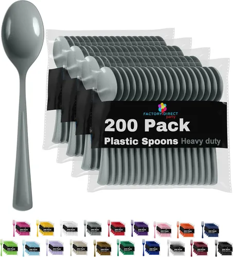 Vista 9 de Party Solids Cucharas de plástico negras, 200 piezas, cucharas negras, utensilios desechables, juego de cubiertos de plástico resistente
