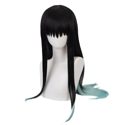 Vista 5 de Tokitou Muichirou - Peluca de cosplay negro degradado azul para hombre, peluca azul degradado para disfraz de Halloween, peluca azul degradado