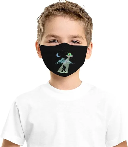 Vista 4 de Bigfoot Alien Kids Mascarillas para niños, juego de 2 con 4 filtros, lavable, reutilizable, transpirable, color negro, pañuelos, bufanda, para niños