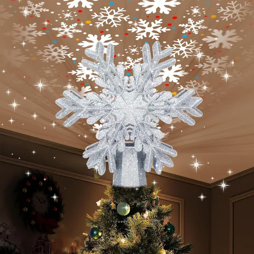 Vista 9 de AOMIL Adorno para la punta del árbol de Navidad, proyector de patrón giratorio 3D para adorno de árbol de Navidad, diseño hueco, decoraciones