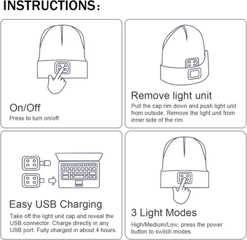 Vista 5 de Gorro LED con Luz, Gorro con Linterna de 4 LED Unisex Recargable por USB, Manos Libres, Gorro de Invierno de punto con Luz Nocturna, Linterna