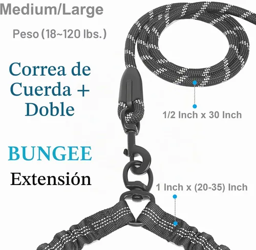 Vista 2 de Correa doble para perro con dos asas de tráfico adicionales, 18 ~