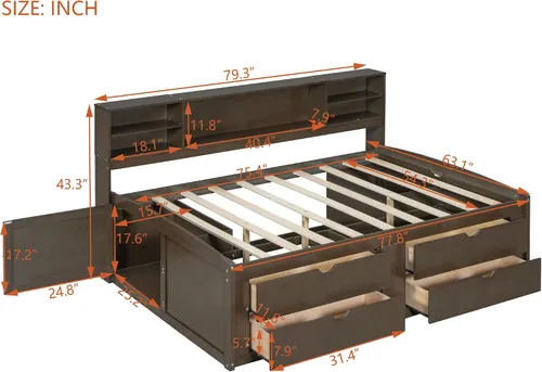 Vista 2 de DEINPPA Cama capitán completa con cabecera de almacenamiento, sofá cama matrimonial con cajones y armarios, marco de cama de plataforma de madera