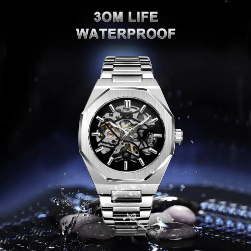 Vista 6 de Tiong Reloj de pulsera mecánico de acero inoxidable de esqueleto de lujo, resistente al agua, negro, automático, para hombre