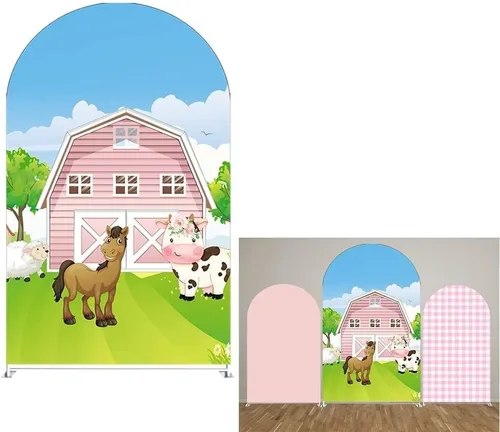 Vista 6 de Telón de fondo de arco Chiara, fundas elásticas de tela de elastano para puerta de granja para cumpleaños, baby shower, decoración de fiesta