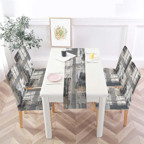 Vista 7 de MCALK Juego de 4 fundas para sillas color marrón y mantel para mesa, fundas elásticas color gris oscuro para sillas de cocina, fundas protectoras