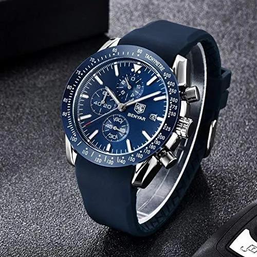 Vista 6 de BENAYR - Relojes de pulsera para hombre, cronógrafo, analógico, de cuarzo, impermeables, con correa de goma, relojes de pulsera de negocios