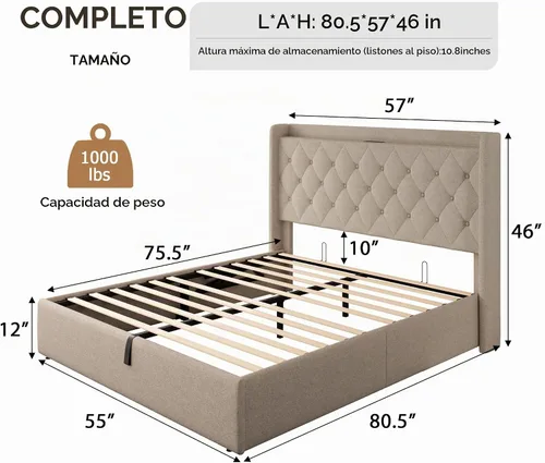 Vista 2 de iPormis Base de cama de almacenamiento elevable de tamaño completo con estación de carga, base de cama de plataforma tapizada con cabecera capitoné