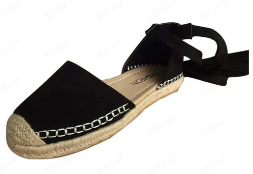 Vista 2 de Aniywn Alpargatas de punta cerrada para mujer sandalias de tacón de cuña baja con cordones correas de tobillo zapatos planos casuales de verano