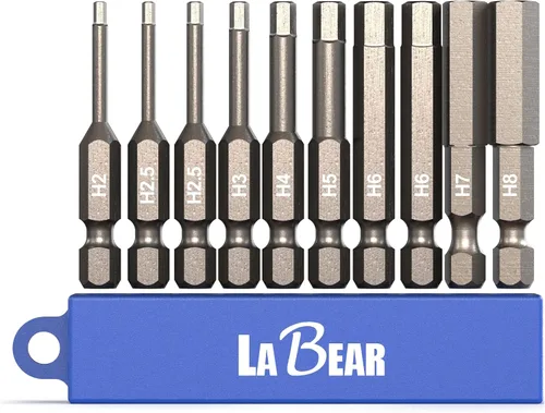 Vista 9 de LABEAR - Juego de puntas de destornillador Allen de cabeza hexagonal SAE de 10 piezas. Acero S2, puntas de 1" de largo para ensamblaje