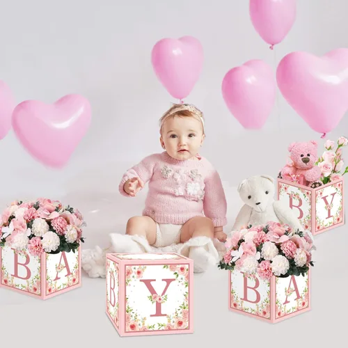 Vista 3 de TSVATE Decoraciones de cajas rosas para baby shower, 4 cajas de centro de mesa de baby shower, decoración de centro de mesa de primer cumpleaños