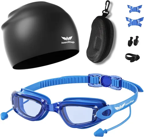 Vista 9 de Gafas de natación 7 en 1 + gorro de natación para hombres y mujeres, sin fugas, antivaho y UV, lente de PC con espejo HD de visión amplia