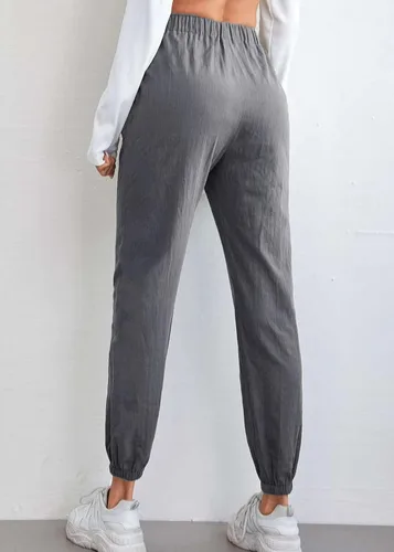 Vista 4 de Nihsatin Pantalones de lino para mujer, cintura elástica alta, con nudo frontal, pantalones cónicos con bolsillos