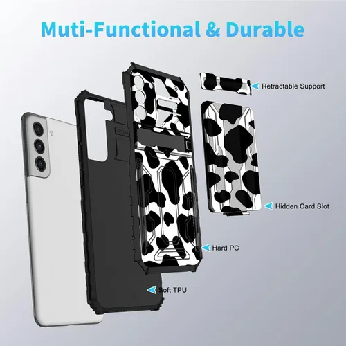 Vista 4 de Funda para Galaxy S21 FE 5G 2022 con soporte, funda de doble capa de policarbonato duro de TPU suave, estampado de vaca, estampado animal