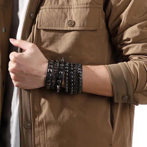 Vista 3 de Eigso Pulseras de cuero punk rock para hombres y mujeres, estilo retro, vintage, cadena de los años 80, para hombre y mujer