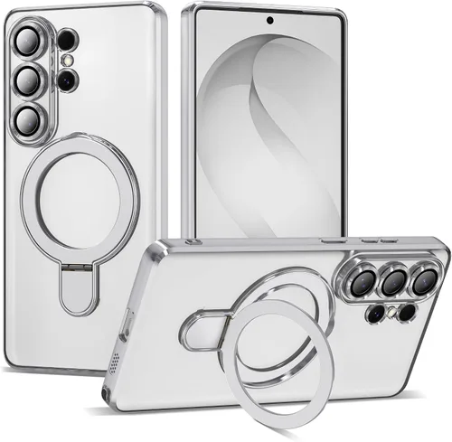 Vista 46 de Funda compatible con Samsung Galaxy S24 Plus con soporte de anillo magnético [compatible con Mag-Safe] protector de lente de cámara chapado Dorado