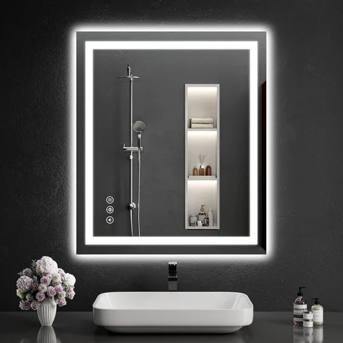 Vista 30 de Espejo de baño LED de 30 x 48 pulgadas con luces, regulable, antivaho, espejo de tocador de baño para pared, retroiluminado + luz frontal, función