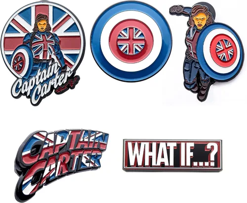 Vista 2 de Marvel Studios Qué pasa sí Capitán Carter - Juego de 5 pines con base de metal esmaltado, viene en una caja circular de 6.3pulgadas con licencia