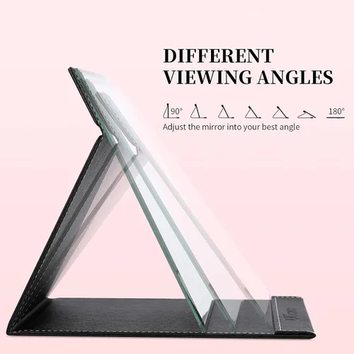 Vista 4 de DUcare Espejo de mesa plegable de 6 x 8 pulgadas, escritorio portátil y espejo de viaje con cubierta de piel sintética, soporte ajustable