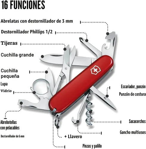 Vista 2 de Victorinox Explorer Navaja Suiza, Navaja de Bolsillo de 16 Funciones Fabricada en Suiza con 2 Hojas, Sacacorchos, Tijeras y Destornilladores - Rojo