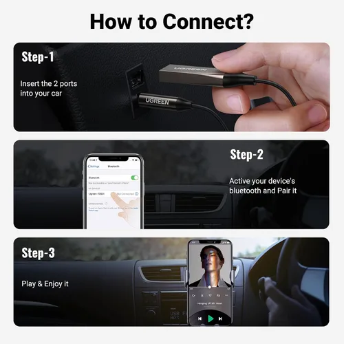 Vista 8 de UGREEN Adaptador Aux a Bluetooth 6.0 Receptor Bluetooth de 3.5mm para Coche Kit USB 2.0 a Conector de 3.5mm con Micrófono Integrado Entrada Auxiliar