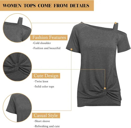 Vista 4 de Temofon - Camisetas de mujer, sin hombros, camiseta de verano informal, de manga corta, con diseño de nudo trasero y hombros desnudos, tallas S a 2XL
